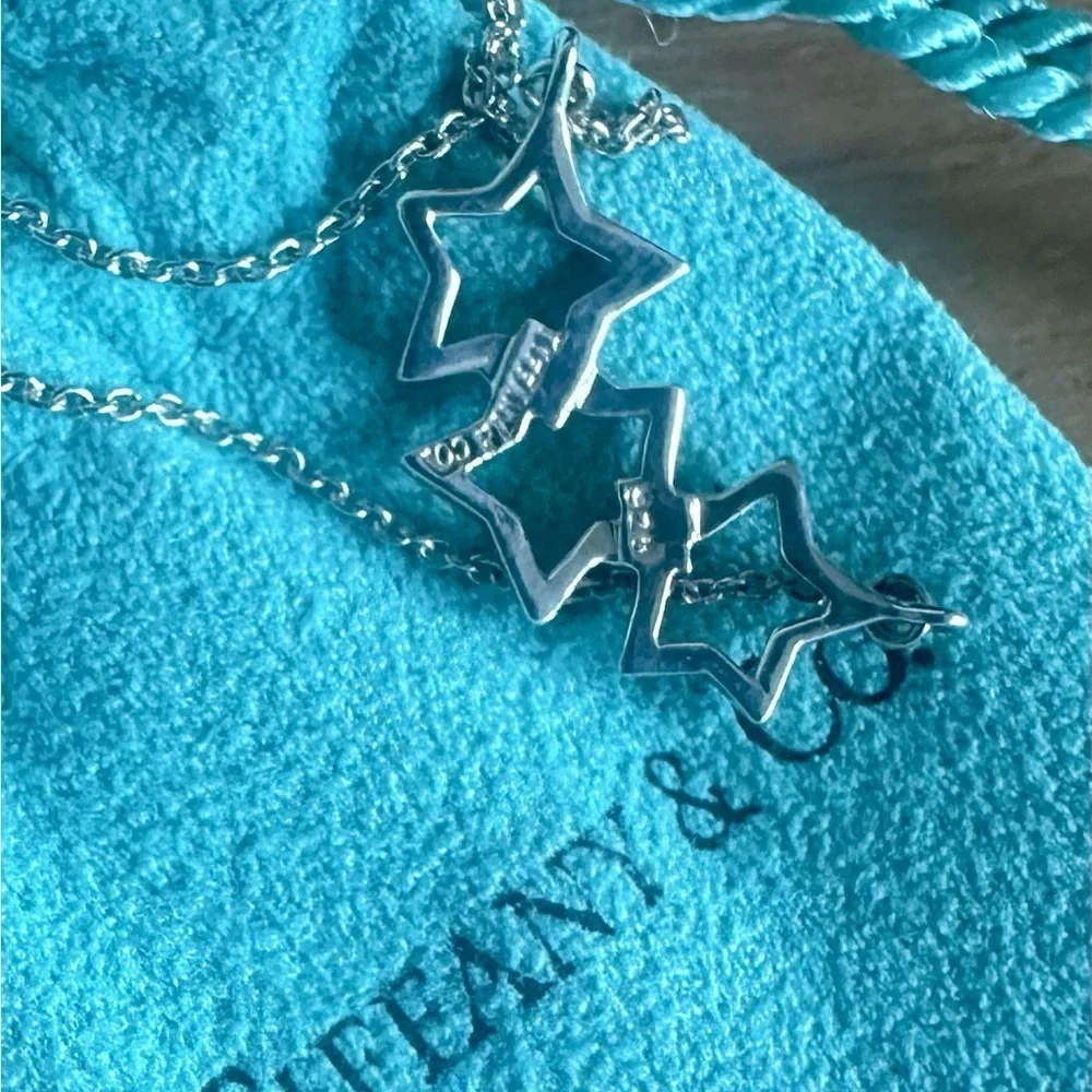 Tiffany & Co Sterling Silver Open Triple Star Necklace 925 w Box & Pouch